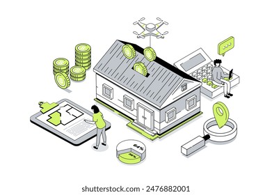 Real estate 3d isometric concept in outline isometry design for web. People researching real estate market, choosing new house with blueprint, client buying property and moving. Vector illustration.