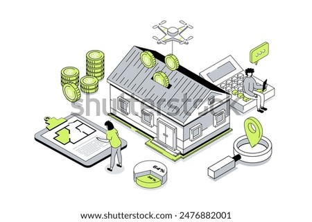 Real estate 3d isometric concept in outline isometry design for web. People researching real estate market, choosing new house with blueprint, client buying property and moving. Vector illustration.