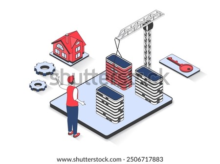 Real estate 3d isometric concept with isometry people design for web. Man working at construction site, building new suburb residential houses and skyscraper apartments for sales. Vector illustration.