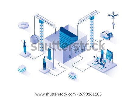 Real estate 3d isometric concept with isometry people design for web. Construction company building new houses for selling, realtors sale of apartments in future skyscraper. Vector illustration.