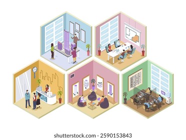 Real estate 3d isometric rooms concept in isometry graphic design for web. People working at office and sales department, creating architecture projects, customers with realtor. Vector illustration.