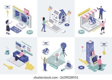 Real estate 3d isometry concept for web design. Collection set with isometric people searching new home, buying property, rents apartment, building houses, mortgage for customer. Vector illustration.