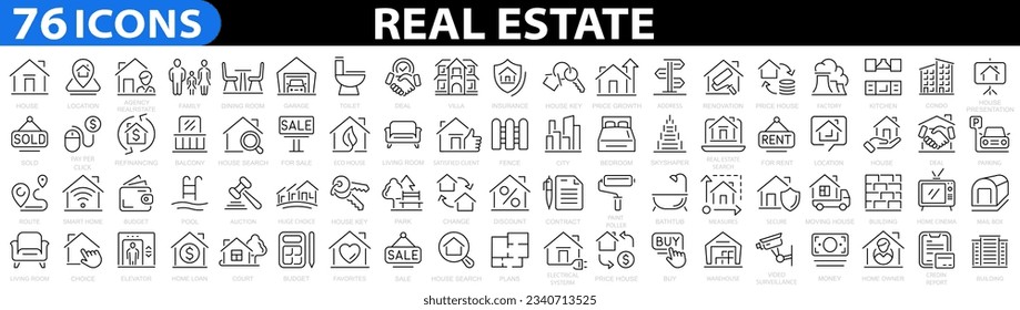 Real estate 76 line icon set. House or Real estate. Included the icons as realty, property, mortgage, home loan, mortgage, address, renovation, bedroom and more. Vector illustration