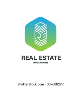 Real estate abbreviation monogram logo. Skyscraper building sign in a hexagonal badge.