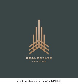 Real Estate Abstract Geometry Vector Sign, Symbol or Logo Template. Premium Line Style Building Concept. Minimalistic Emblem. On Dark Background.