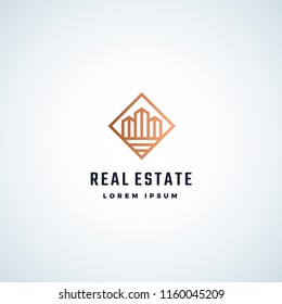 Real Estate Abstract Vector Sign, Symbol Or Logo Template. Skyscraper Buildings In A Square Frame With Modern Typography. Retro Emblem. Isolated.