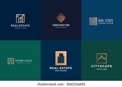 Conjunto de rótulos, símbolos o plantillas de logotipo de vectores de abstracto inmobiliario. Edificios de líneas geométricas en marcos con tipografía moderna. Colección de Emblemas de Construcción. Aislado.