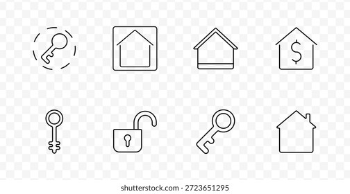 Bienes raíces y accesos a iconos de conjuntos. Las llaves, candados y elementos visuales de la casa transmiten seguridad, propiedad de la propiedad, entrada a la casa y temas financieros de la vivienda a través de símbolos de línea delineados
