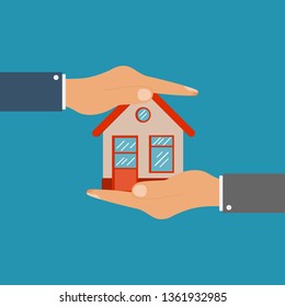 real estate accumulation. hands with home. businessman hands giving  house, successful investment concept. vector illustration in flat style