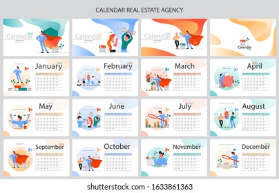 Real estate advantage annual calendar set. Idea of house for sale and rent. Safe business contract, mortgage and rental. Qualified real estate agent or broker concept. Vector illustration