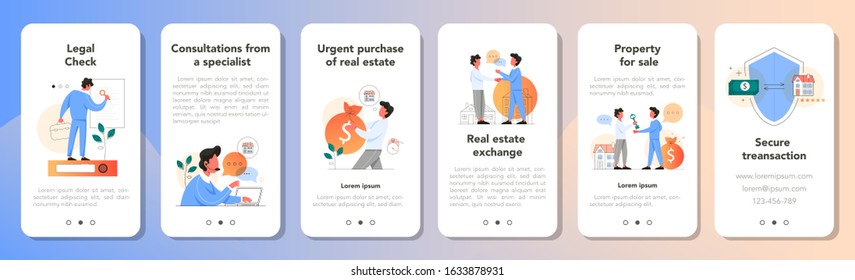 Real estate advantage application banner set. Idea of house for sale and rent. Secure transaction, mortgage and rental. Consultation with qualified real estate agent. Vector illustration