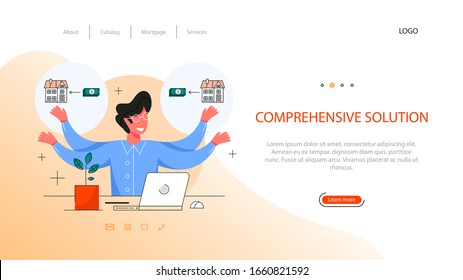 Real Estate Advantage Web Banner. Idea Of Comprehensive Solution And Safe Business Contract, Mortgage And Rental. Qualified Real Estate Agent Or Broker Concept. Vector Illustration