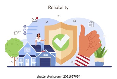 Real estate advantages concept. Reliable real estate agent or broker guarantee a property buying confidentiality. Realtor helps in mortgage contract. Vector flat illustration