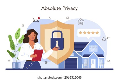 Real estate advantages concept. Reliable real estate agent or broker guarantee a property buying confidentiality. Realtor helps in mortgage contract. Vector flat illustration