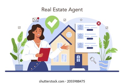 Real estate advantages. Qualified and reliable real estate agent or broker guarantee a property buying. Realtor helps in house searching and mortgage contract. Vector flat illustration