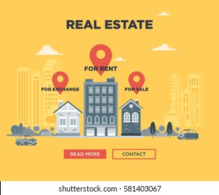 The real estate advertisement poster, banner, card with the city landscape and big brick  house in the center of the image. Real estate services advertisement concept. Vector Flat Design. 