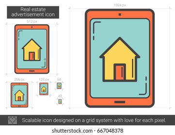 Icono de línea vectorial de publicidad inmobiliaria aislado en fondo blanco. Icono de línea de publicidad inmobiliaria para infografía, sitio web o aplicación. Icono escalable diseñado en un sistema de cuadrícula.