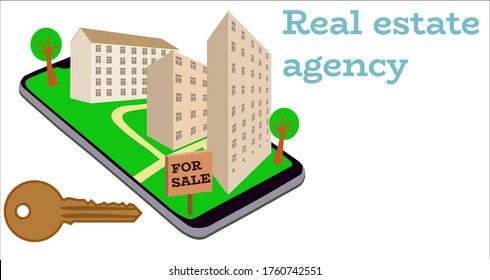 Real estate agency banner. The buildings built on the screen of the smartphone, key as a symbol of the apartment. Vector illustration.