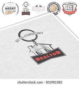 Real estate agency. Buy, Sell and Consultancy. Detailed elements. Old retro vintage grunge. Scratched, damaged, dirty effect. Typographic labels, stickers, logos and badges Flat vector illustration