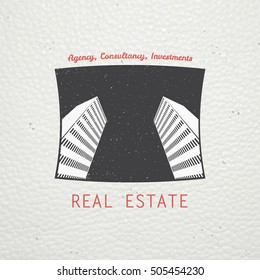 Real estate agency. Buy, Sell and Consultancy. Detailed elements. Old retro vintage grunge. Scratched, damaged, dirty effect. Typographic labels, stickers, logos and badges Flat vector illustration