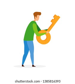 Real Estate Agency Client Flat Vector Illustration. Young Man in Casual Clothes Holding Large Key Cartoon Character. Happy Homeowner, Realty Buyer. Realtor Profession. House Sale Business, Service