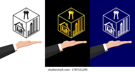 Real estate agency. Female hand of the seller holds a stylish logo silhouettes of city buildings, skyscrapers in a cube. Mortgage, deposit, loans, credit, banking. Vector HQ, three design options