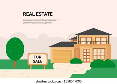 Real estate agency flat vector banner template. Property sale typography with text space. House for sale sign. Cottage, detached house, townhouse  in suburban area, countryside illustration 