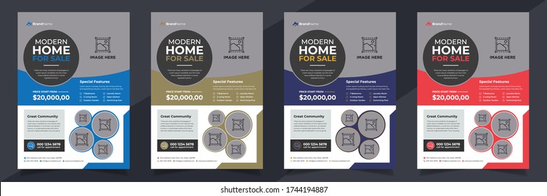 Real Estate Agency Flyer Template Design With Four Color Accents. Marketing Material For Property Mortgage Agency. Poster Design For House Buy And Sell Company.