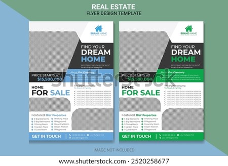 Real Estate Agency Flyer Template Design With blue and green color.