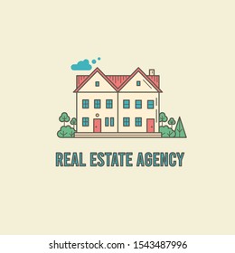 Real estate agency. Front, facade of house, building. Minimalistic logo. Colored graphic vector illustration. Cartoon style, simple flat design. Isolated icon