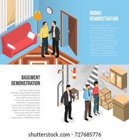 Real estate agency horizontal banners  with buyers and realtor demonstrating  rooms and basement isometric vector illustration