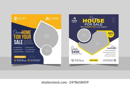 Real estate agency house property sale social media post residential apartment buy poster square flyer and web banner template set