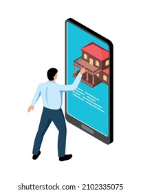 Real estate agency icon with man looking for house using smartphone 3d isometric vector illustration