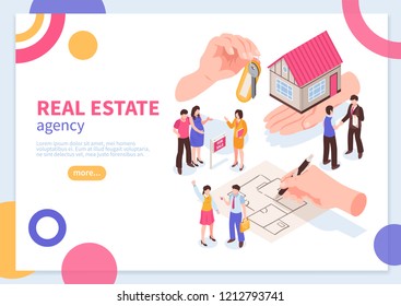 Real estate agency isometric concept of web banner with colorful geometric elements on white background vector illustration