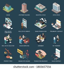 Real estate agency isometric set with images of buildings characters of agents with clients and text vector illustration