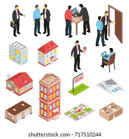 Real estate agency isometric set with customers realtors and various types of buildings isolated vector illustration 