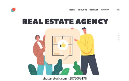 Real Estate Agency Landing Page Template. Happy Family Characters Choose Layout Of Apartment. Man And Woman Stand At Floor Plan Of New Home Discuss Accommodation. Cartoon People Vector Illustration