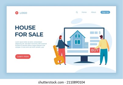 Real estate agency landing page, house for sale. Vector real house estate, website of realtor, building investment and purchase property illustration