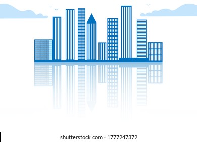 Real estate agency logo. Silhouettes of city buildings, skyscrapers, cityscape with the effect of mirror reflection. Mortgage, deposit, loans, credit, banking. Vector High Quality Resolution isolated
