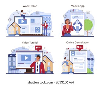 Real estate agency online service or platform set. Qualified realtor service. House and apartment exchange. Online work, consultation, video tutorial, mobile app. Flat vector illustration