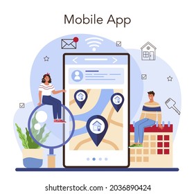 Real estate agency online service or platform. Relocation, a new house buying and previous property selling. Mobile app. Flat vector illustration