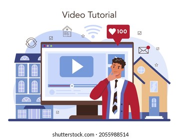 Real Estate Agency Online Service Or Platform. Qualified Realtor Service. House And Apartment Exchange. Video Tutorial. Flat Vector Illustration