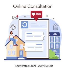 Real estate agency online service or platform. Qualified realtor service. House and apartment exchange. Online consultation. Flat vector illustration
