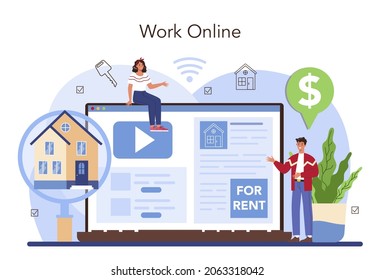 Real estate agency online service or platform. Realtor or broker help customer to rent or rent out a house. Online work. Flat vector illustration