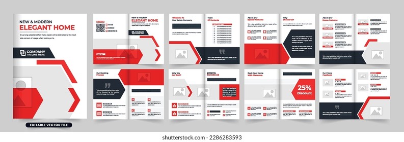 Real estate agency portfolio and profile layout vector with red and dark colors. Modern home-selling business magazine template design with photo placeholders. House sale promotional booklet vector.