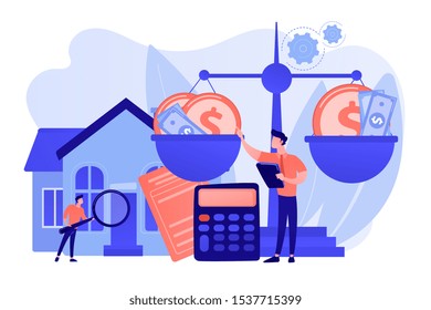 Real estate agency, property selling and buying. Financial consulting. Appraisal services, property valuation, appraisal professionals concept. Pink coral blue vector isolated illustration