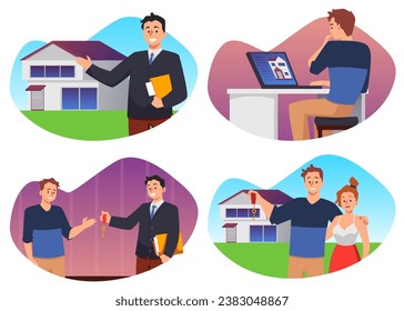 Real estate agency provides services for mortgage, loan, rent and sale of apartments, houses. Responsibility of realtor agent. Happy couple bought a house. Vector isolated illustration set on white