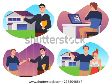 Real estate agency provides services for mortgage, loan, rent and sale of apartments, houses. Responsibility of realtor agent. Happy couple bought a house. Vector isolated illustration set on white