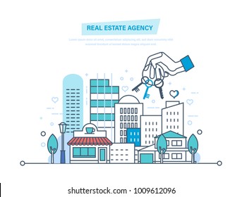 Real Estate Agency. Sale And Rent Of Commercial, Private Real Estate. Working, Business Deals, Contract. Business Property Investment. Buying, Selling Houses. Illustration Thin Line Design.