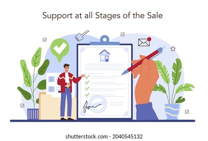 Real estate agency service. Assistance in property selling, buyer and seller agrement and contract development. Qualified real estate agent or broker concept. Flat vector illustration